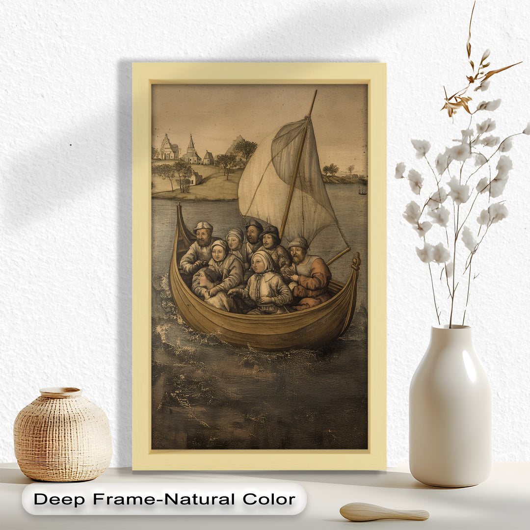 Medieval Sailors in Wooden Vessel - Historic Oil Painting