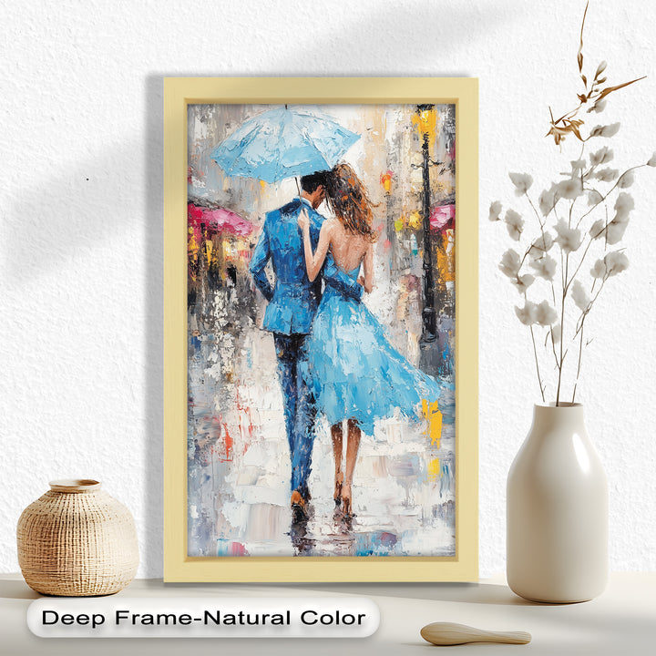 Romantic Couple Strolling in Rain - Love Oil Painting