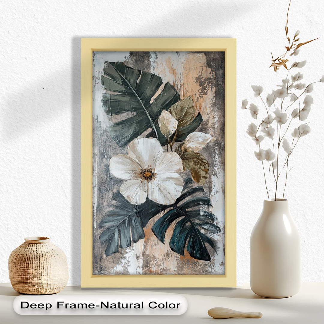 White Bloom and Tropical Leaves - Flower Oil Painting