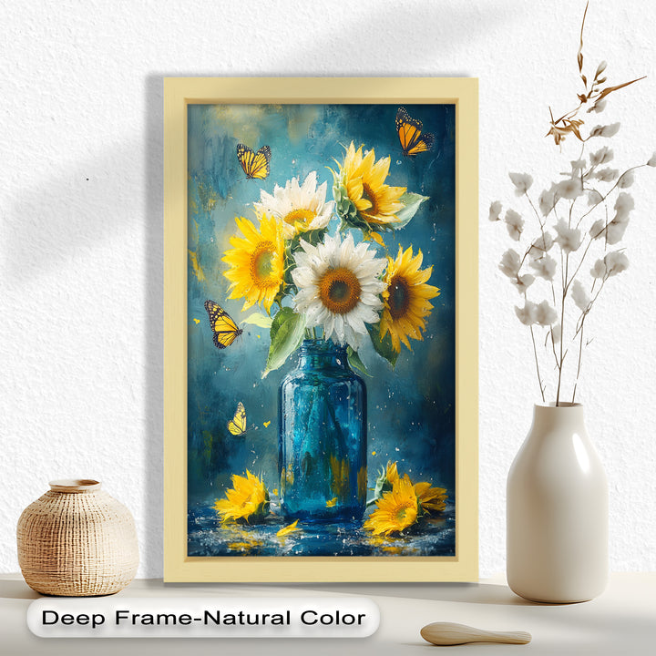 Sun-Kissed Radiance – Sunflowers in Blue Jar Flower Oil Painting