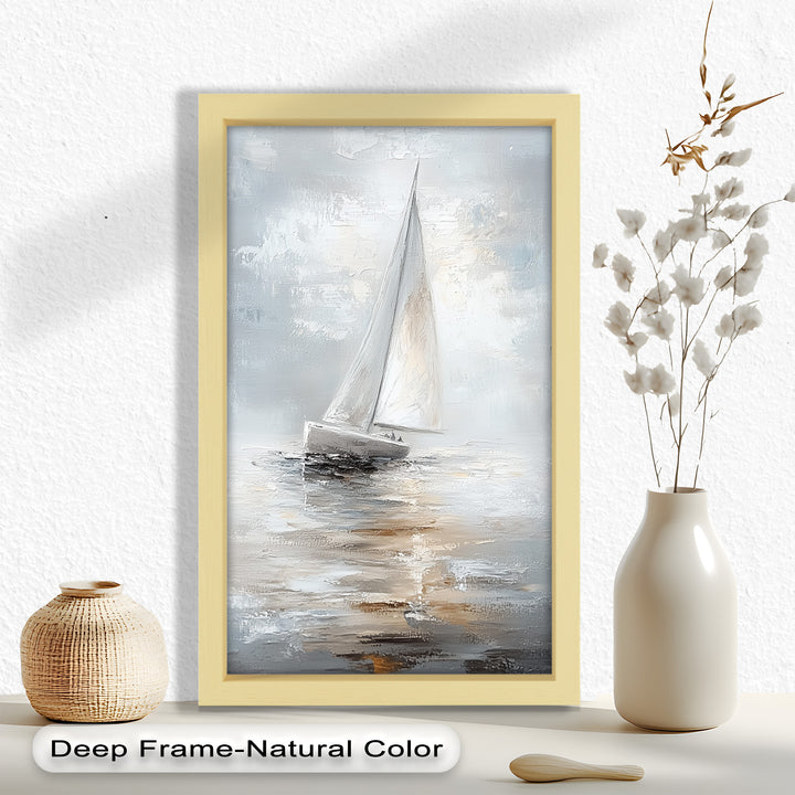 Sailing Through the Mist – White Boat Oil Painting