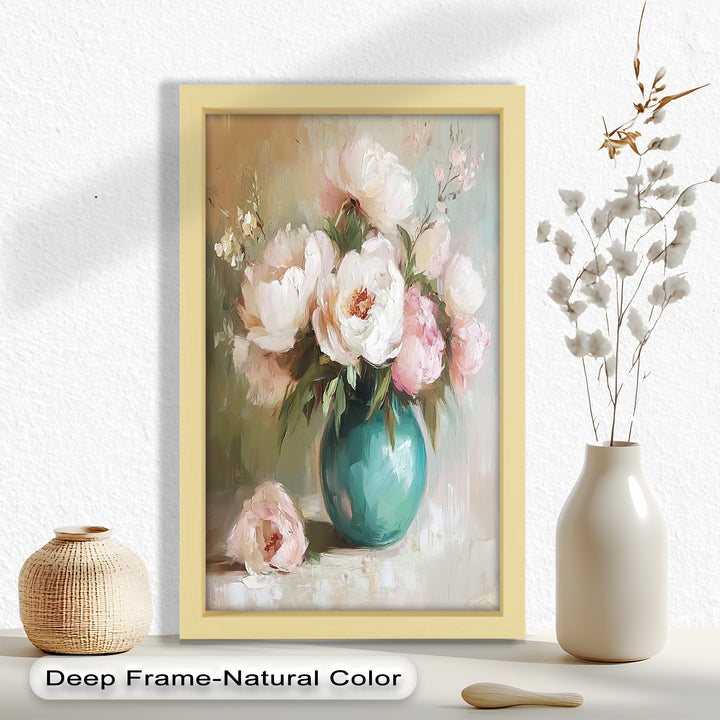 Blushing Peonies in Jade Vase – Romantic Flower Oil Painting