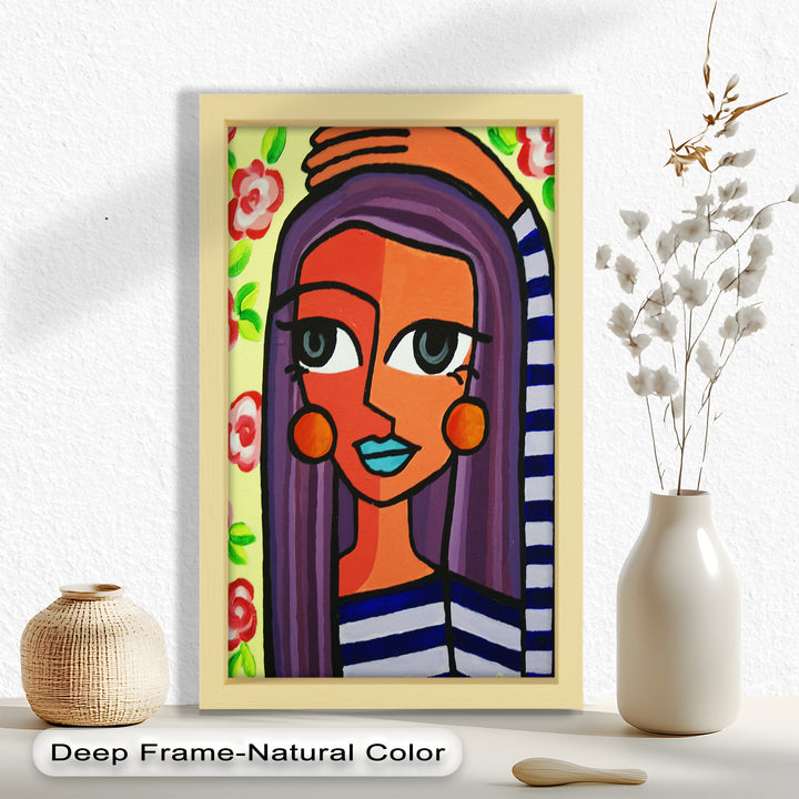 Striped Radiance – Playful Woman with Purple Hair Picasso Oil Painting