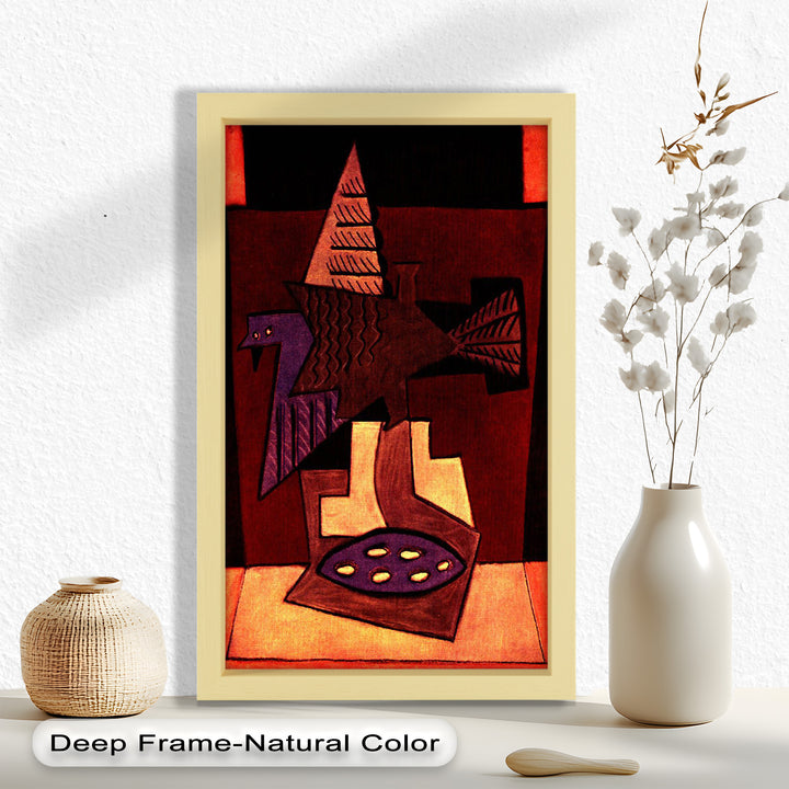 A striking geometric bird figure set against a bold color-blocked background, blending abstract forms and muted tones.

