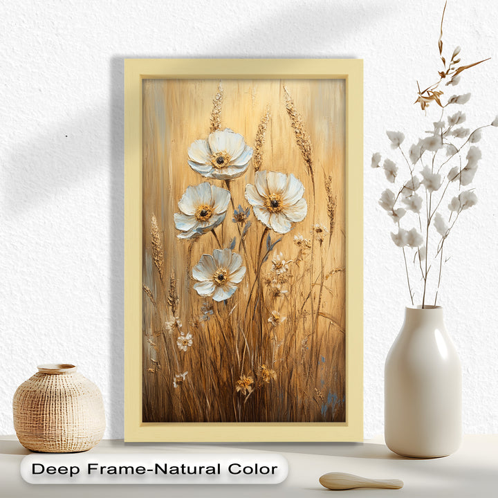 White Wildflowers in Wheat Field - Oil Painting