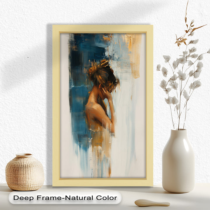 Veil of Thought – Introspective Woman in Blue and Gold Abstract Oil Painting