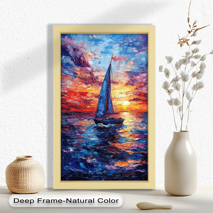 Crimson Horizon – Sunset Voyage Boat Oil Painting