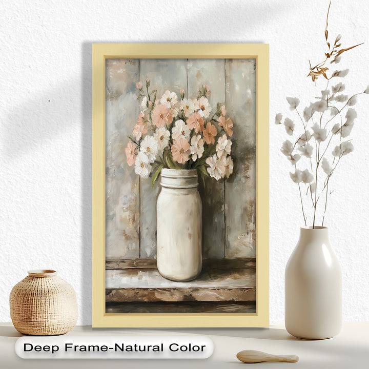 Blush & Cream Blooms – Rustic Mason Jar Flower Oil Painting