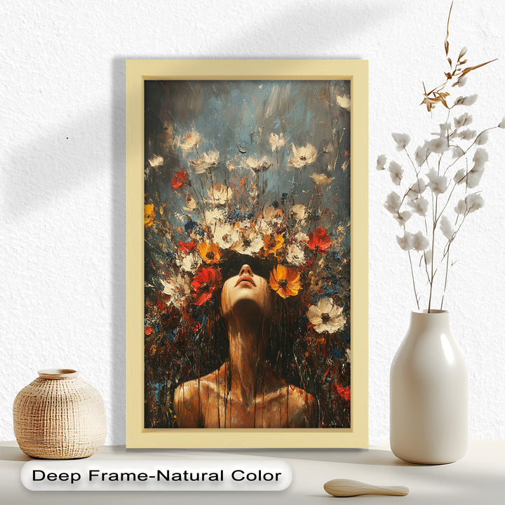 Floral Rebirth – Woman with Blossoming Crown Abstract Oil Painting