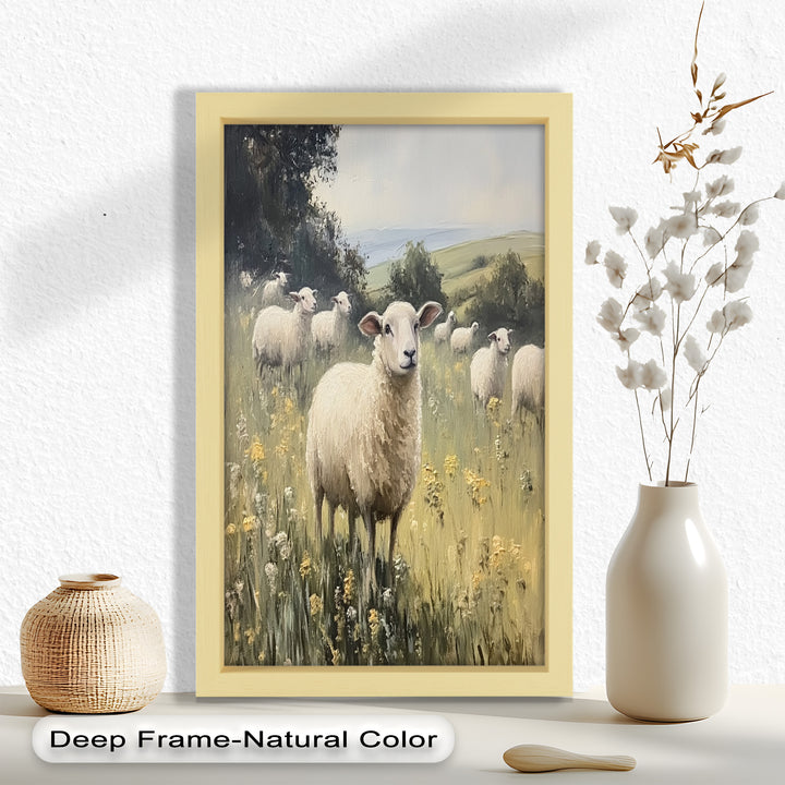 Sheep in Spring Meadow – Pastoral Oil Painting