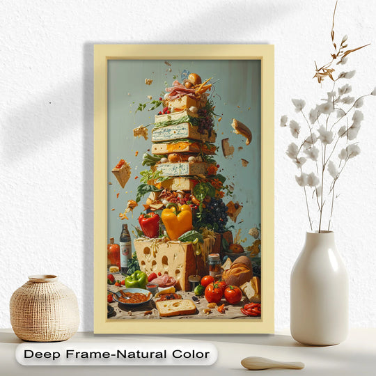 Softly illuminated against the pale blue background, this delectable oil painting artwork, 'Cheese Tower Symphony,' showcases a whimsical, gourmet food fantasy.