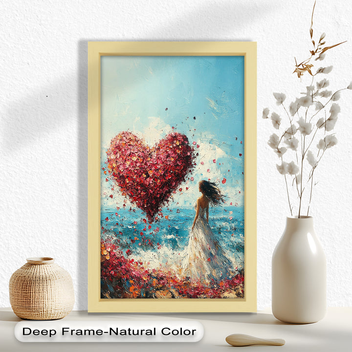 Woman with Heart-Shaped Petals Over the Sea - Love Oil Painting