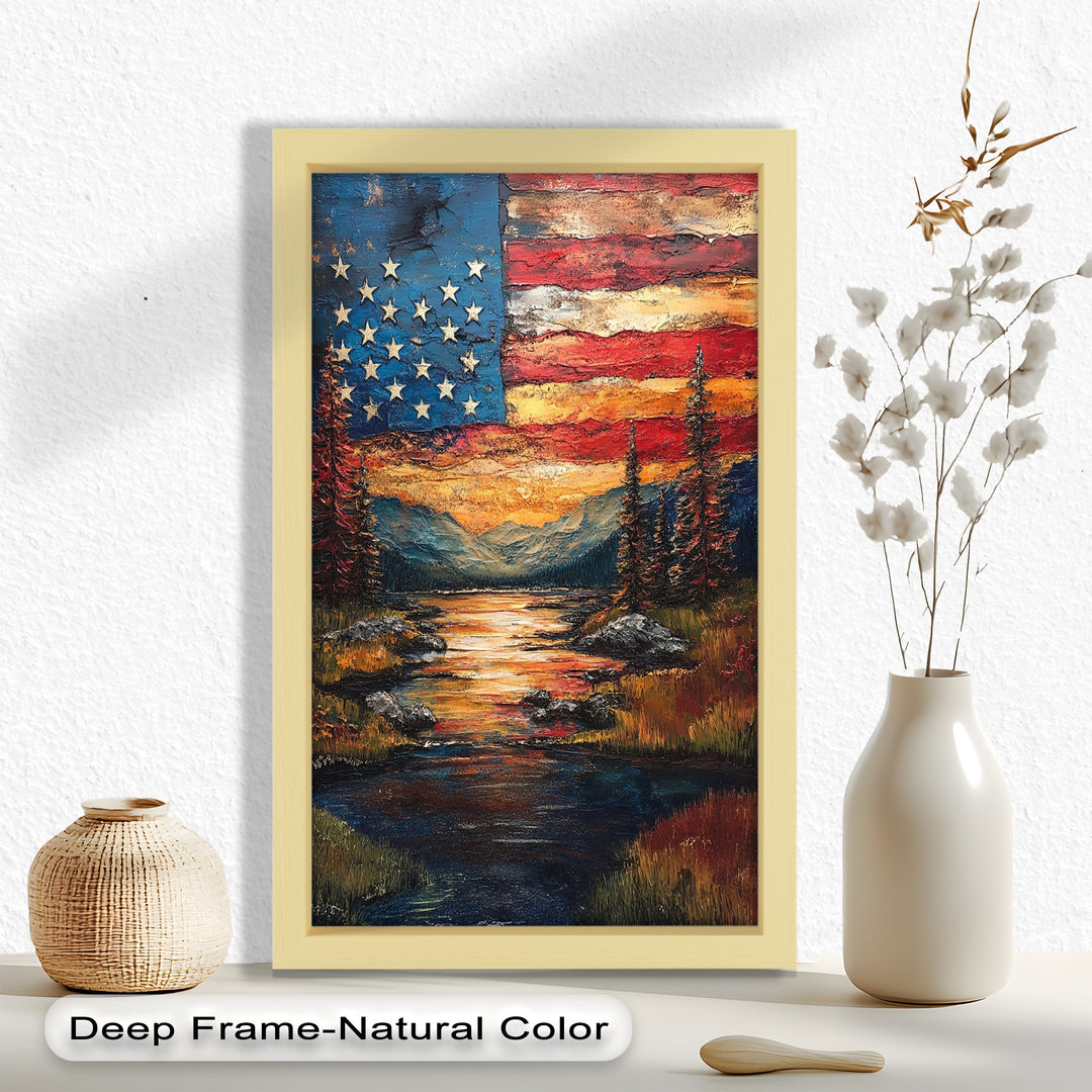 Amerikanische Flagge Sonnenuntergang Landschaft - Patriotisches Ölgemälde