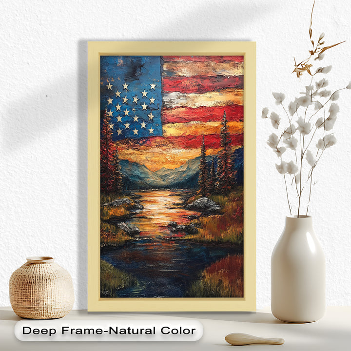 Amerikanische Flagge Sonnenuntergang Landschaft - Patriotisches Ölgemälde