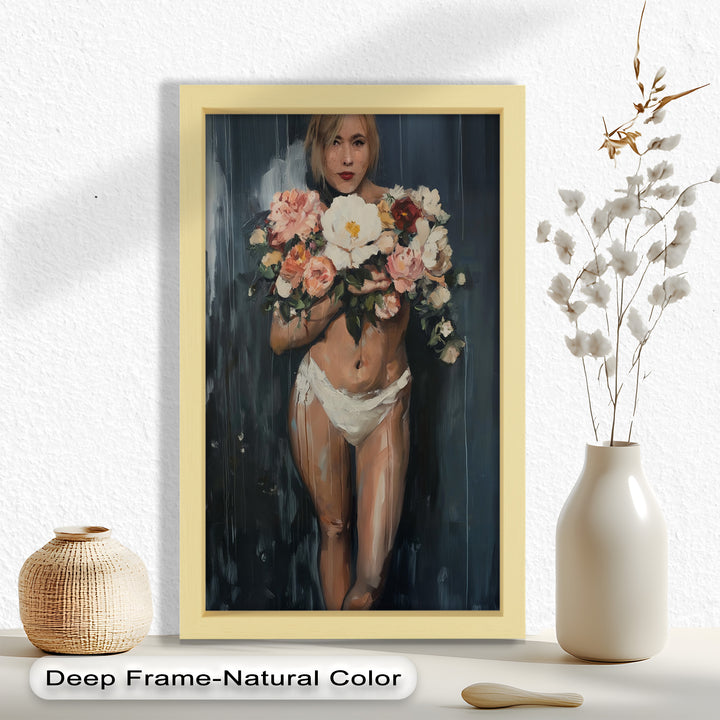 Floral Embrace – Abstract Nude with Blooming Bouquet Oil Painting