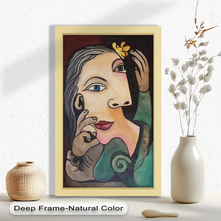 Whimsical Bloom – Surreale Frau mit gelber Blume Picasso Ölgemälde