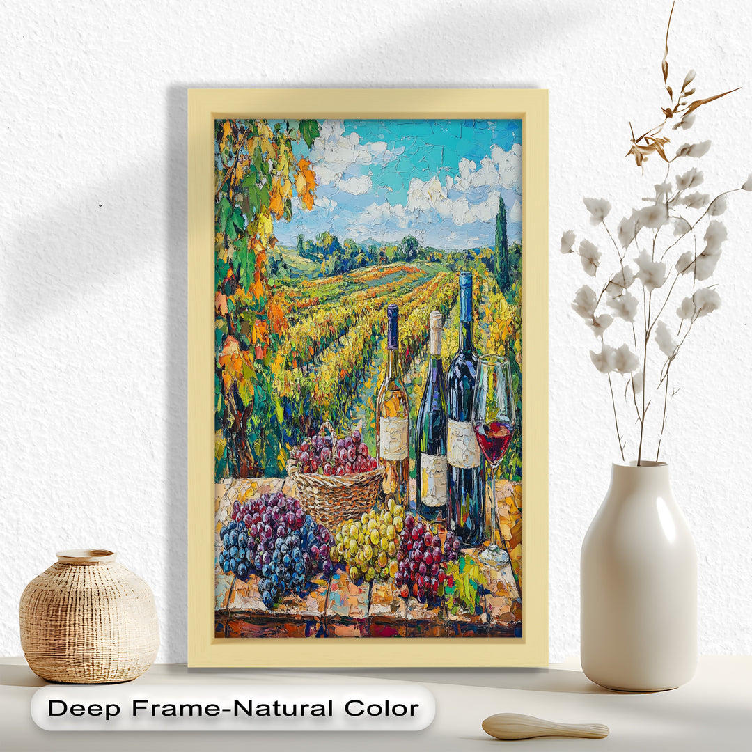 Wine Bottles and Grapes in Sunlit Fields - Still Life Oil Painting