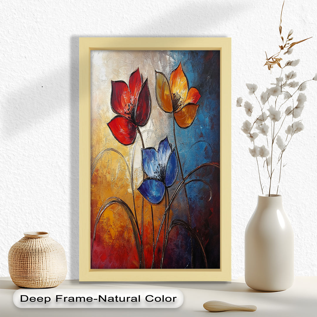 Eternal Bloom – Red, Yellow, and Blue Floral Oil Painting