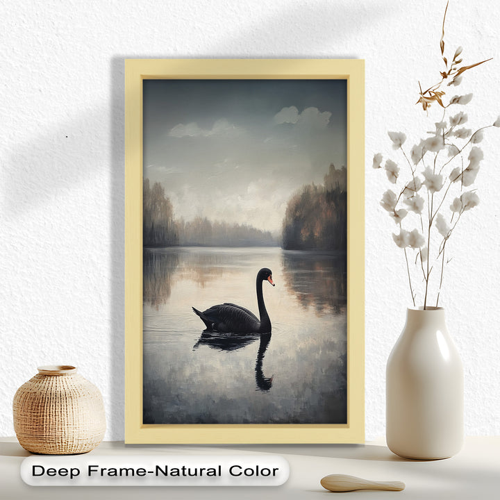 Black Swan at Dusk – Lake Scene Oil Painting