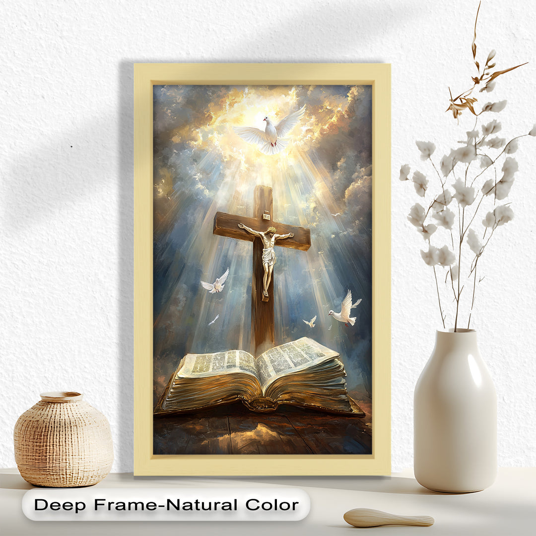 Jesus on the Cross with Open Bible and Doves - Oil Painting