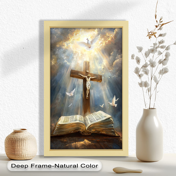 Jesus on the Cross with Open Bible and Doves - Oil Painting