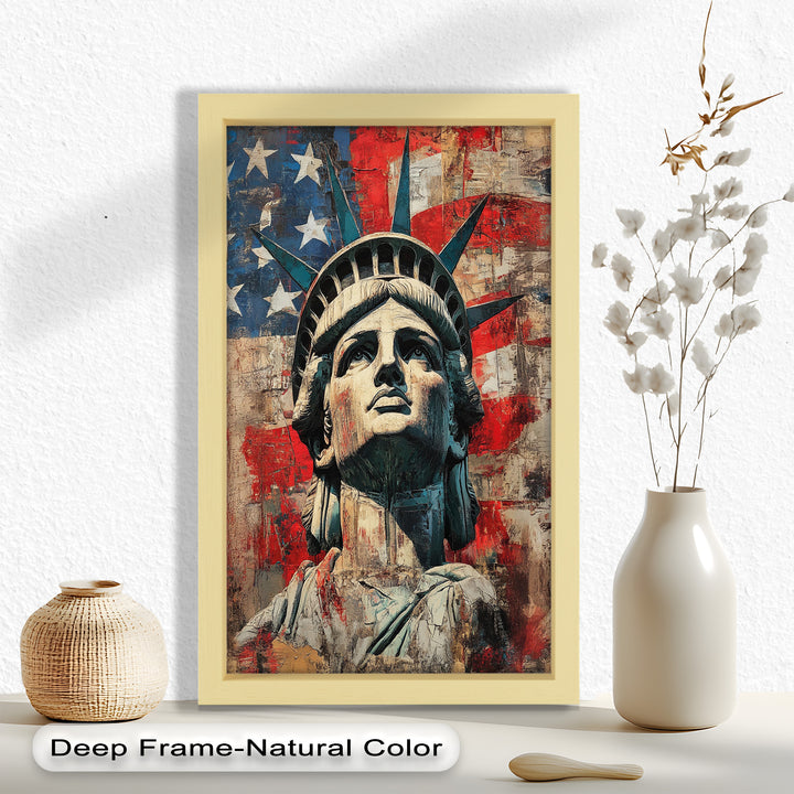Freiheitsstatue mit amerikanischer Flagge - Patriotisches Ölgemälde