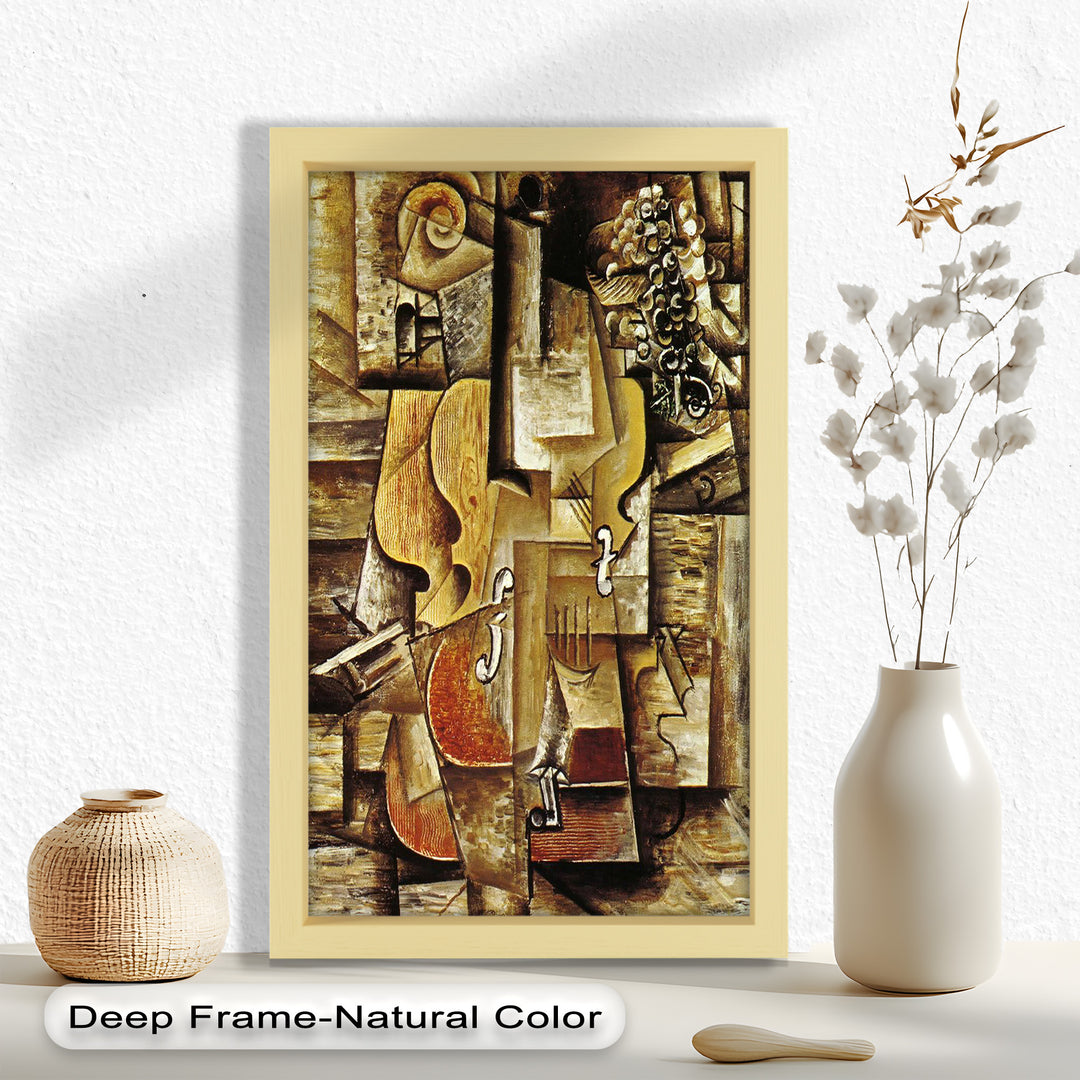 A monochromatic cubist still life featuring a fragmented violin, grapes, and musical elements rendered in layered geometric forms.
