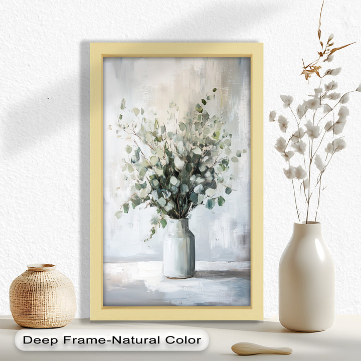 Eucalyptus Essence – Minimalist Greenery in Ceramic Vase Oil Painting