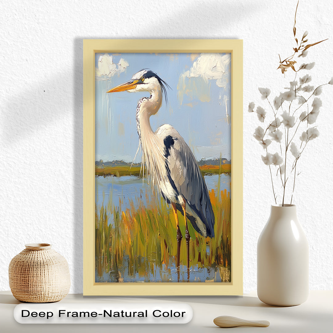 Heron in Sunlit Wetlands – Modern Oil Painting