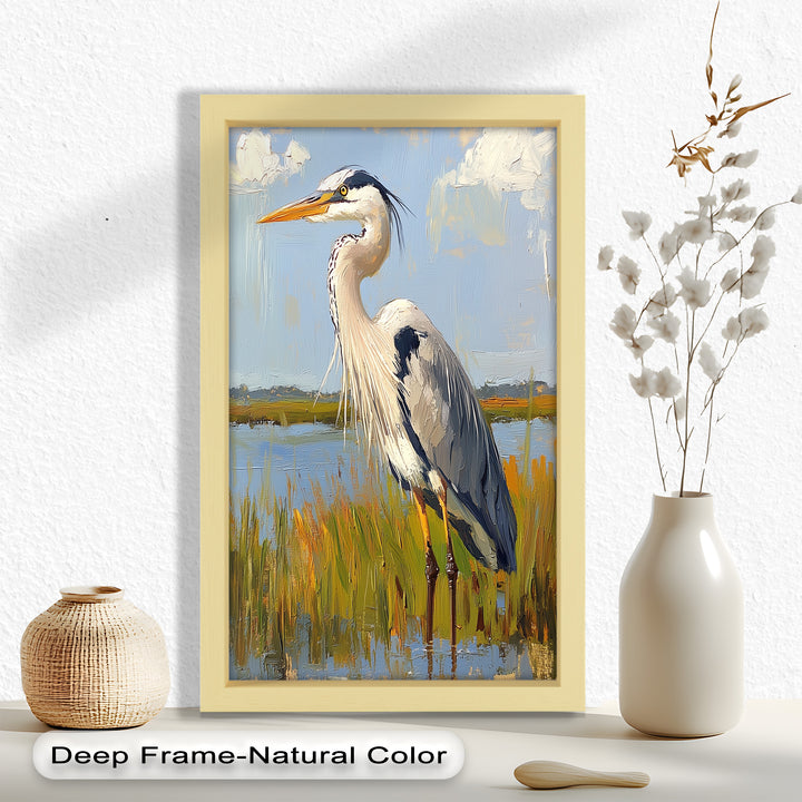 Heron in Sunlit Wetlands – Modern Oil Painting