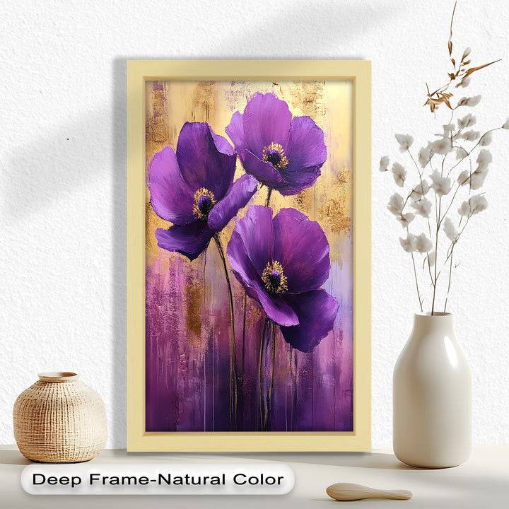 Velvet Blossoms – Purple Floral Elegance with Gold Flower Oil Painting