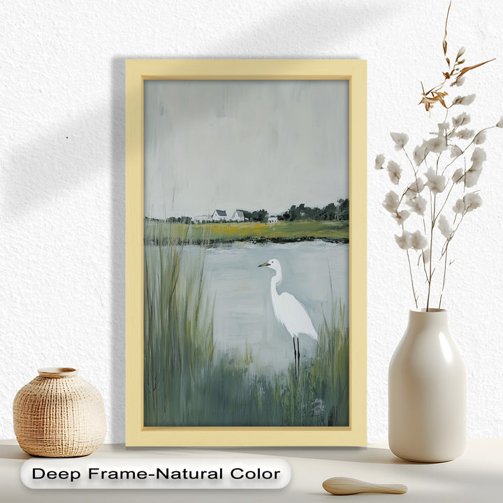 Egret by the Marsh – Minimalist Landscape Oil Painting