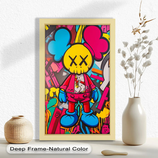 Bulbous floral shapes in this modern oil painting art create an organic, playful contrast against the edgy neon graffiti and KAWS-inspired figure.