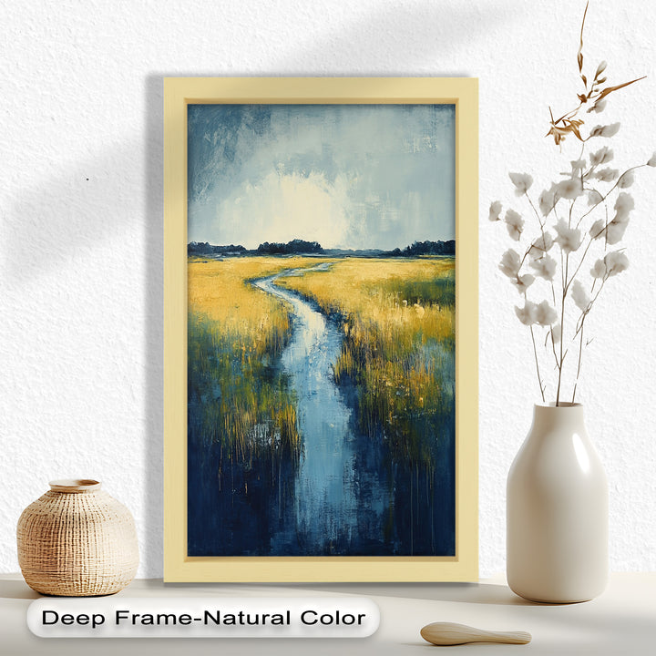 Golden Fields and Blue Stream – Contemporary Landscape Oil Painting