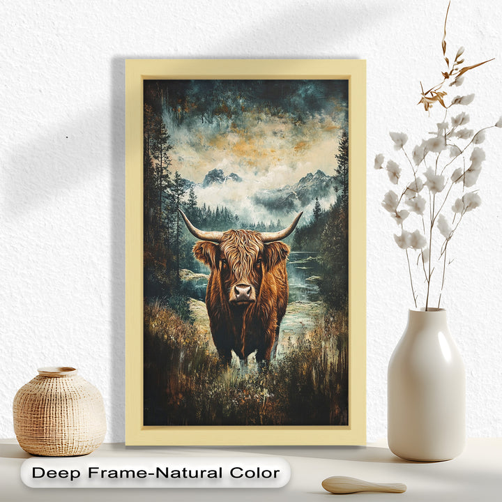 Highland Cow in Misty Pines – Wilderness Oil Painting
