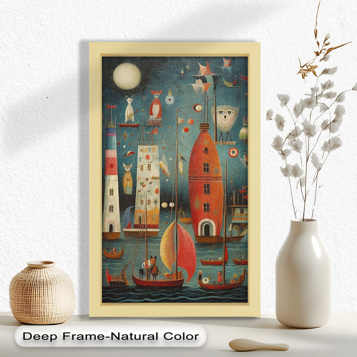 Moonlit Harbor Parade – Surreal Cat and Owl Fantasy Oil Painting