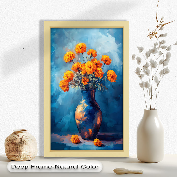 Golden Marigolds in Midnight Blue – Flower Oil Painting