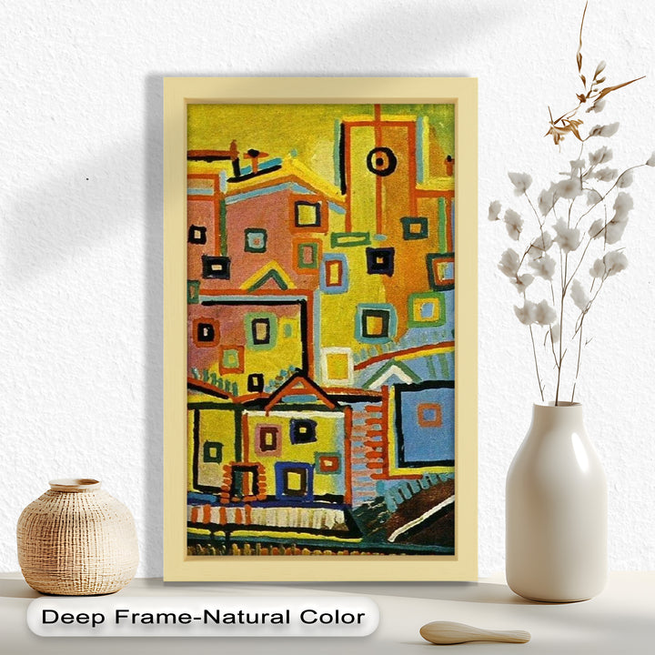 A cheerful, abstract village scene with colorful homes and layered squares, evoking movement and modern expression.
