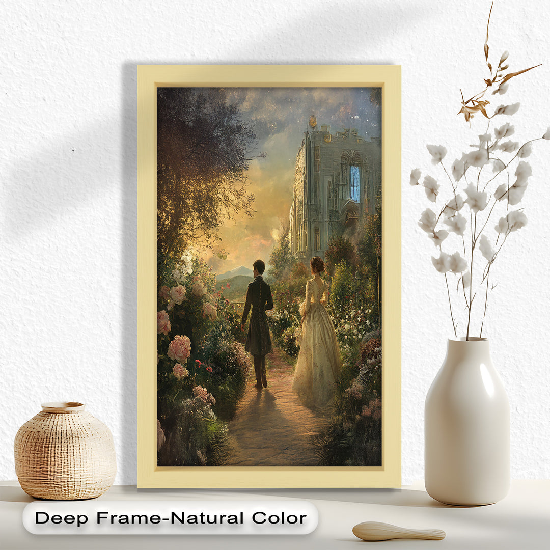 Victorian Lovers at Twilight – Romantic Garden Walk Oil Painting