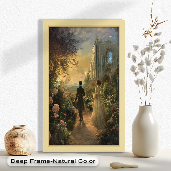 Victorian Lovers at Twilight – Romantic Garden Walk Oil Painting