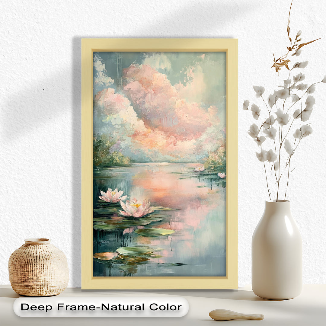Pastel Water Lilies in Tranquil Lake - Flower Oil Painting