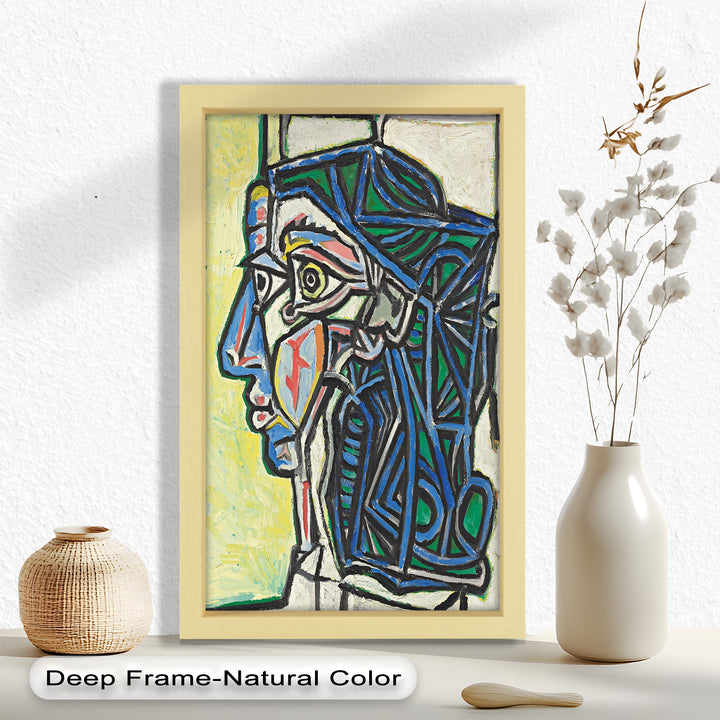 Angular Gaze – Geometric Portrait with Blue and Green Lines Picasso Oil Painting