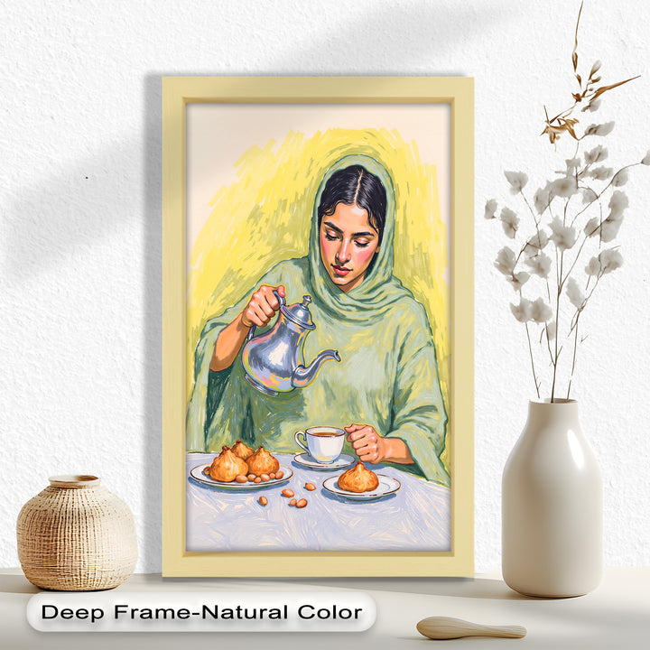 Woman Pouring Tea with Traditional Sweets - Food Painting