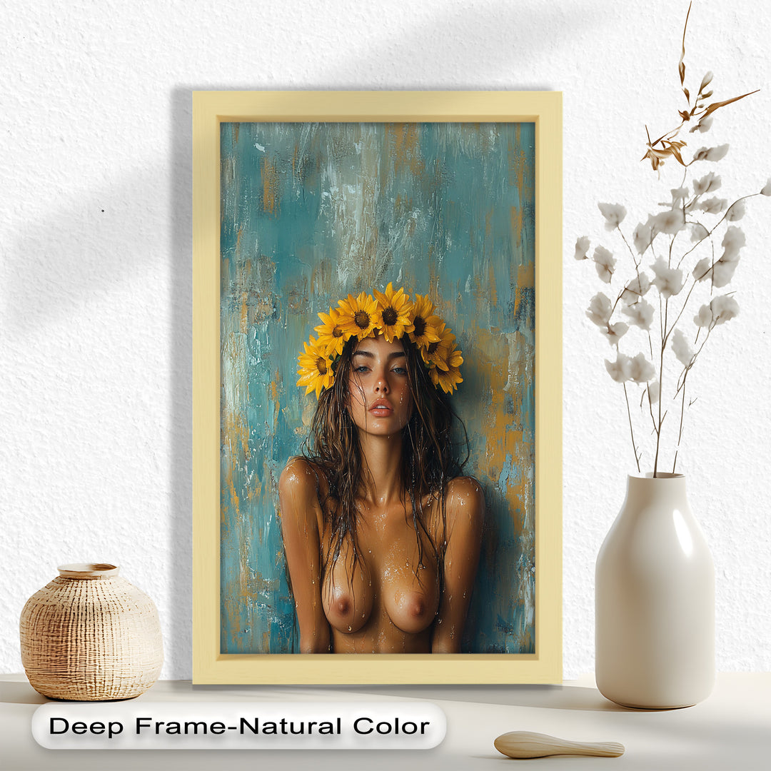 Sun-Kissed Solstice – Woman with Sunflower Crown Abstract Oil Painting