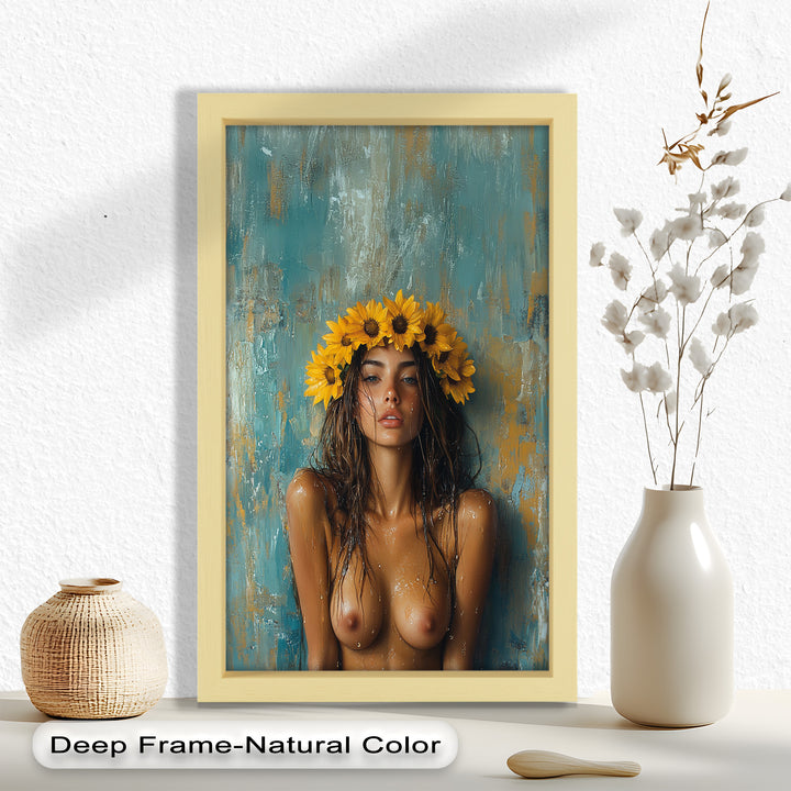 Sun-Kissed Solstice – Woman with Sunflower Crown Abstract Oil Painting