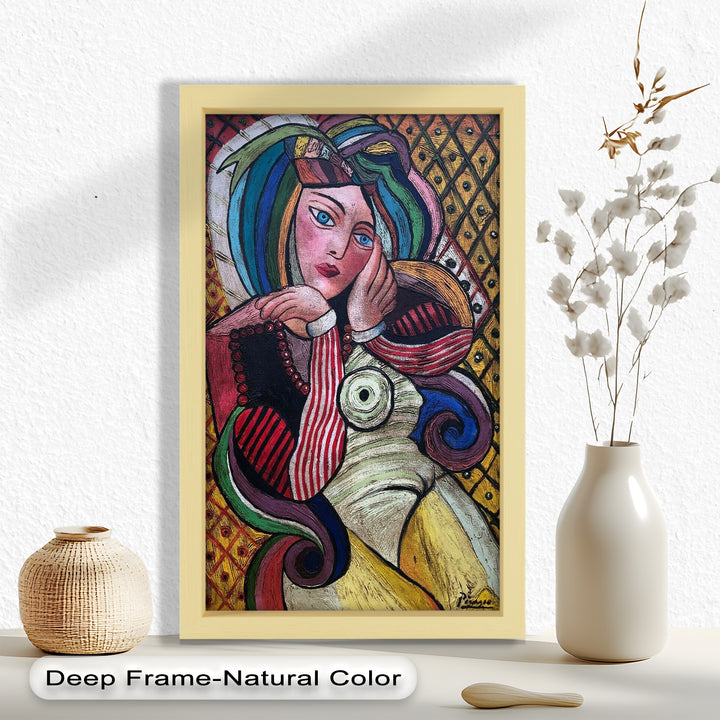 Melancholy in Stripes – Colorful Cubist Woman Portrait Picasso Oil Painting