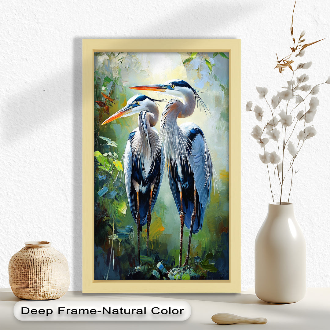 Pair of Herons in Forest Light – Animal Oil Painting