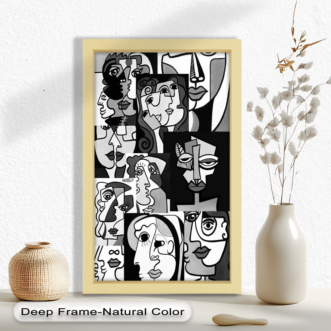 Monochrome Muse – Picasso-inspiriertes Ölgemälde mit kubistischen Gesichtern
