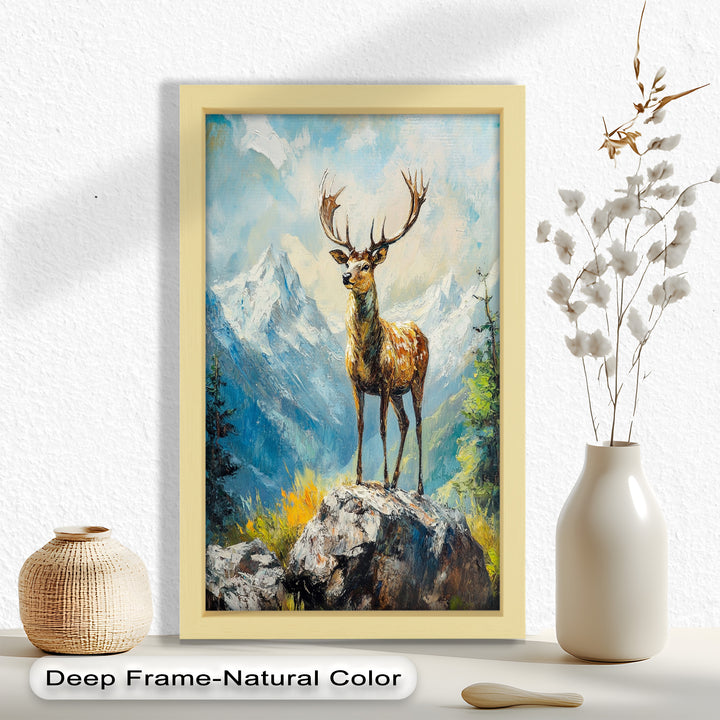 Stag in Mountain Landscape - Animal Oil Painting