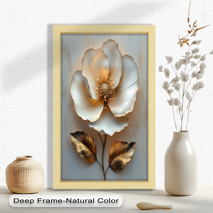Golden Glow Bloom – White and Gold Flower Oil Painting